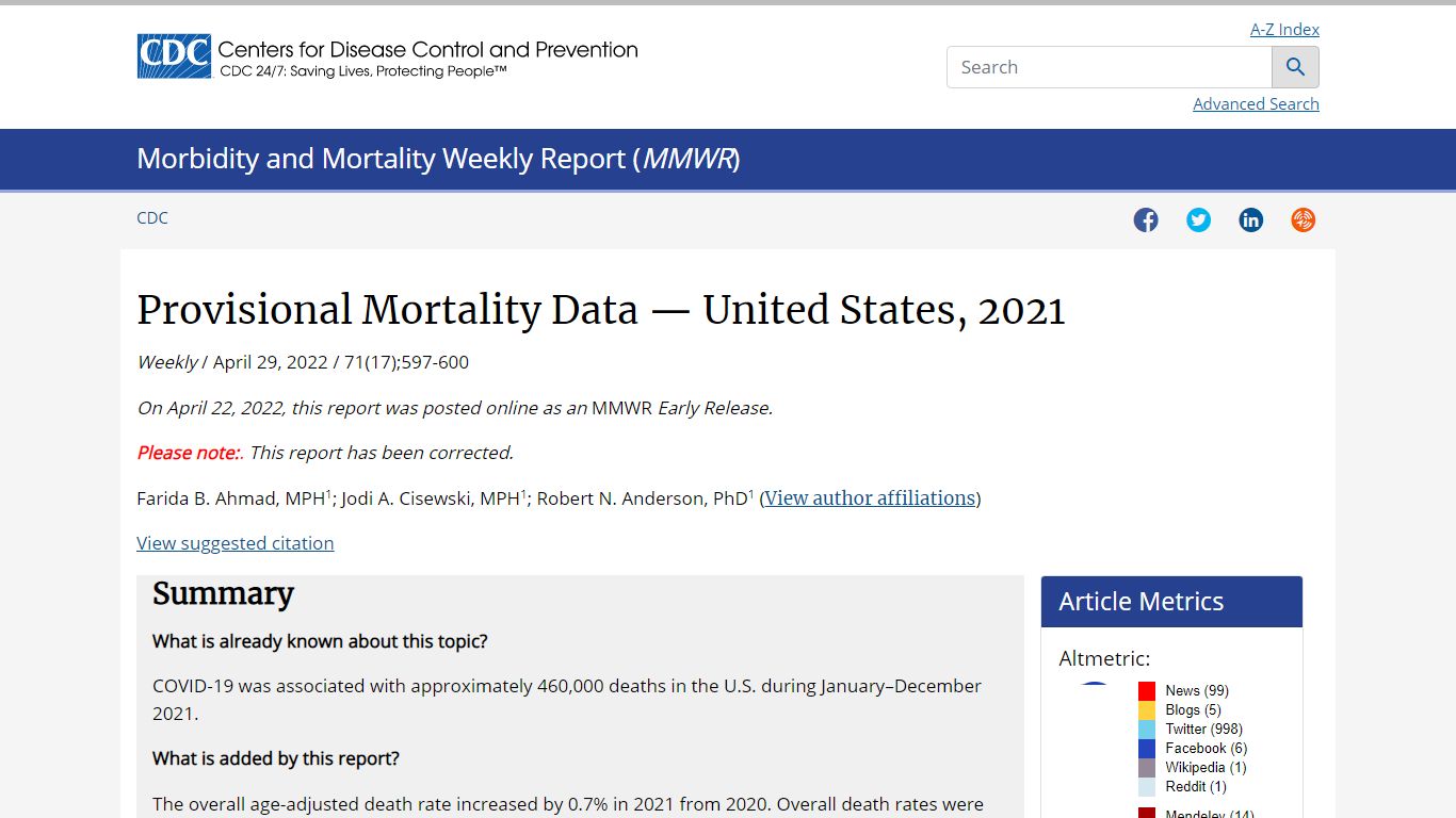 Provisional Mortality Data — United States, 2021 | MMWR
